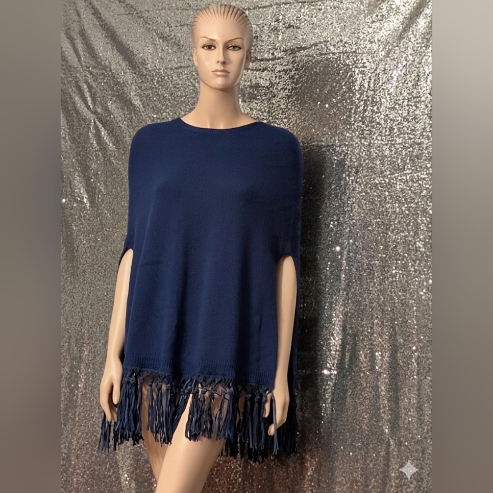 NEW ✨ PINOTTI Italy Cashmere & Wool Poncho - Real Leather Fringe - Navy - OS